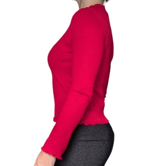 HM Red  Ribbed Long Sleeve Party Top With Frilled Neckline and Sleeves Women M - Picture 2 of 8